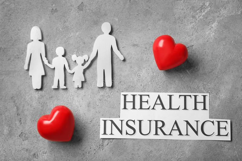 family figure red hearts phrase health insurance grey background 150070830